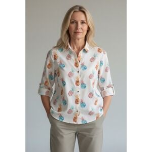 Chicos No Iron Pineapple Print Button Down Shirt White Multi Color Size 0 Small